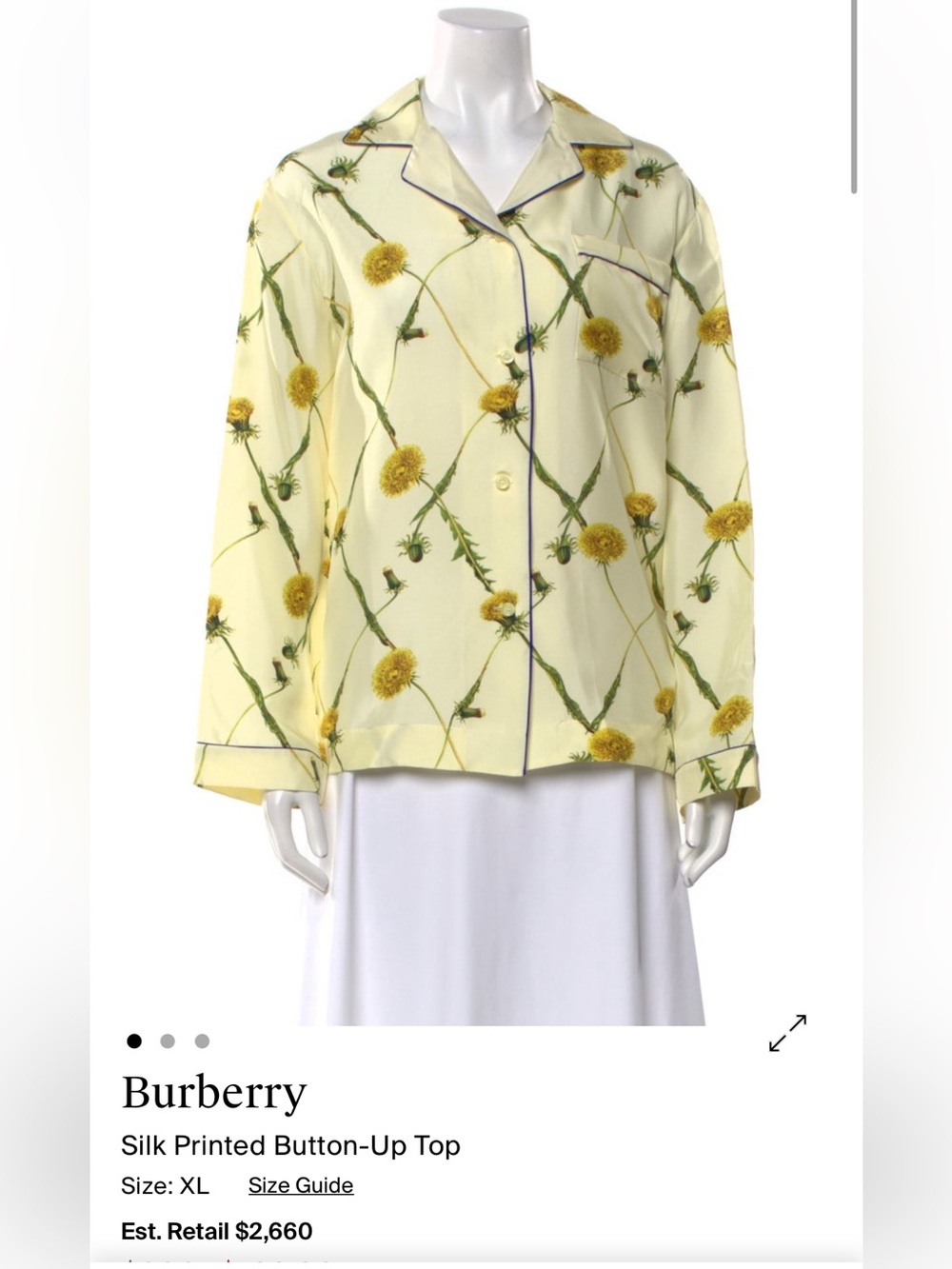 Burberry Pale Yellow Dandelion-Print Button down pajama top silk